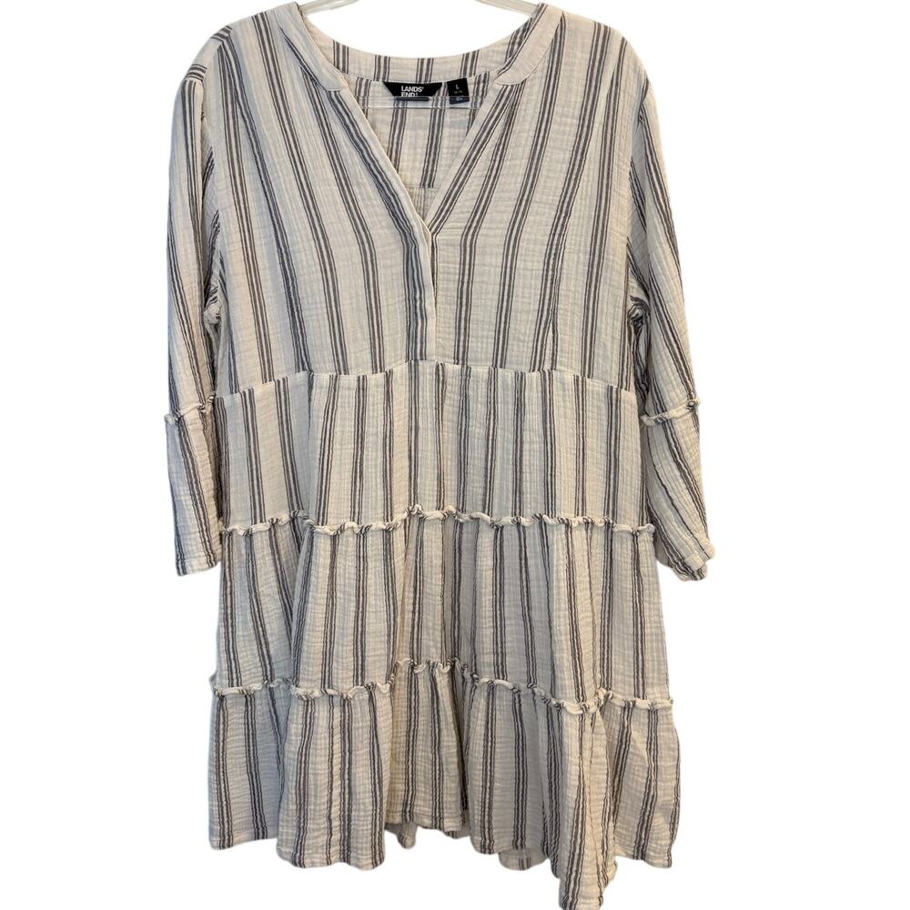 Lands End Striped Cotton Gauze Tiered Tunic Dress Beachy White Gray L Large